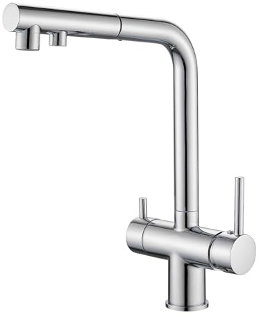 Zeffrary Rubinetto da cucina a 3 vie, girevole a 360°, rubinetto per lavello con beccuccio flessibile, rubinetto in acciaio inox (cromato)