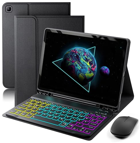 MicroTunk für Samsung Galaxy Tab A7 (2022/2020) 10.4 Zoll Hülle mit Kabelloses Bluetooth Beleuchtete Farbige Deutsch Tastatur (QWERTZ) und Maus, Backlit Keyboard Case