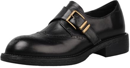 BesoAbrazo Women’s Chunky Leather Monk Strap Loafers – Full Grain Calfskin Wingtip Brogue Shoes with Gold Buckle – Breathable Pigskin or Warm Fur Lining – 1.6 Inch Platform, Leather Lined, 4.5
