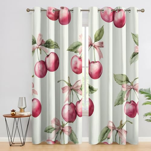 Generisch Blickdichte Vorhänge Schleife Rosa Motiv, Verdunklungsvorhänge mit Ösen H 137 x B 117, 2er Set, Süße Früchte Kirsche Gardinen Wohnzimmer Schlafzimmer Deko, Thermovorhang KD252