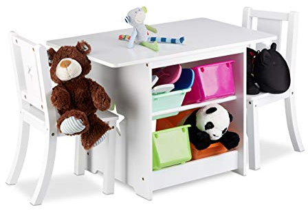 Relaxdays Kindersitzgruppe ALBUS mit Stauraum, 1 Tisch und 2 Stühle aus Holz, Kindertischgruppe für Jungen und Mädchen, weiß, 46 x 75 x 56 cm