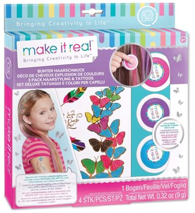 Make It Real kreativ uppsättning hårsmycken för barn, med hårkritor och tatueringsklistermärken