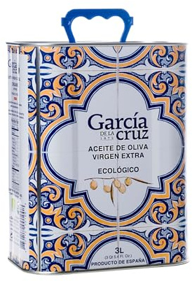 GARCÍA DE LA CRUZ Aceite de Oliva Virgen Extra Ecológico Premium, 3L Lata | Master Miller. Tonos de Almendra y Tomate. Cuerpo Suave. Pack 4. Procedencia Montes de Toledo, España. Envasado en lata.