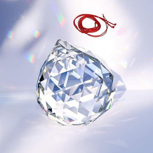 Hisredsun 80mm Crystal Prism Ball with a Red Lanyard | Clear Crystal, Making Coloured Lites in the Room, Sun Catcher, Window Hanging Pendant, Rainbow Maker