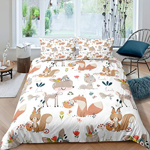 Homemissing Set di Biancheria da Letto con Animali Motivo Coniglio, Volpe, Cervo, Scoiattolo, Fiori e Natura - Leggerissimo Copriletto Singolo