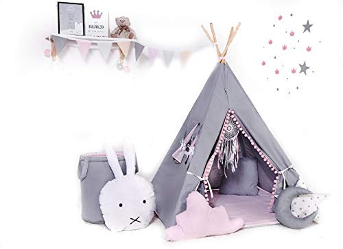 Rainbow Kids Tipi Zelt für Kinder | Baumwollsegeltuch Tippi Kinderzelt, Mehrere Muster und Farben mit und ohne Spielzubehör für Outdoor- und Indoor-Kinderspaß (Grauer Hase, mit Zubehör)