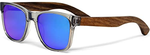GOWOOD Sonnenbrille Damen & Herren Holz | Premium Walnussholzbügel Transparenter Acetatrahmen | Holzbrille UV400 Polarisiert Gläser | Damen & Herren Sonnenbrille UV Schutz | (blau)
