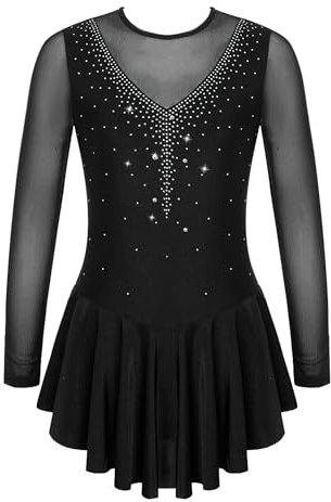 iiniim Kids Girls Long Sleeve Diamond Ice Figure Skating Dress Ballet Lyrical Dance Dress Competition Dancewear Black 10 Years