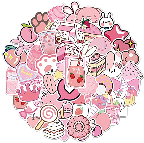 50pcs Pink Cute Stickers Pack Aesthetic Stickers Vinyl Sticker Decals with Kawaii Patterns for Girls Water Bottles Laptops Suitcase Scrapbooks, Waterproof & Self-Adhesive