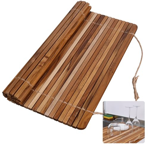 HTB Teak Over-Sink Roll-Up Drying Rack 45x40cm for Dishes | Kitchen Teak Wood Roll Up for Dishes,Plates, Bowls, Wooden Cover Counter Space