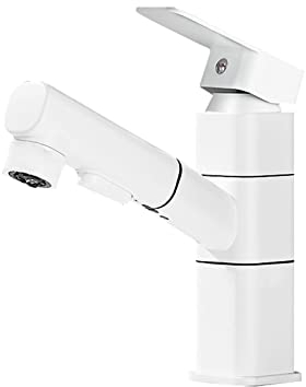 TAVCHA Wasserhahn Ausziehbar Waschtischarmatur mit Herausziehbarer Brause 2 Strahlarten Brause Einhebelmischer Bad Armaturen Waschbecken Weiß-Quadrat,Niedrig