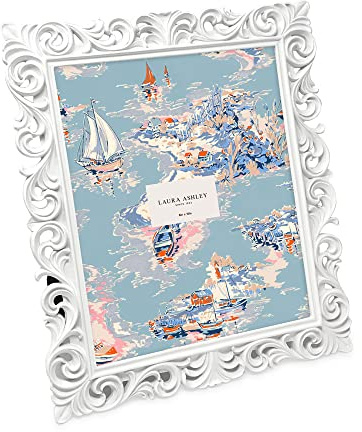 Laura Ashley 8x10 White Vintage Inspired Resin Scroll Design Picture Frame with Thin Border, Horizontal & Vertical for Tabletop and Wall Display, Home Décor (8x10, White)
