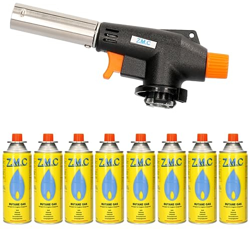 Mechero de Bunsen + 8 Cartuchos Gas 227g MSF-1a Brenneraufsatz Dispositivo Flambeado Soplete Soldar Encendedor Ajustable Llama Flambieren Quemador Butangasbrenner para BBQ, Cocina, Camping,