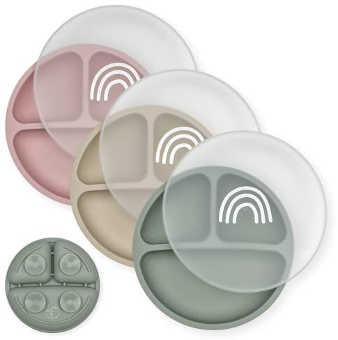 Hippypotamus Teller für Kleinkinder mit Saugnapf – 100 % lebensmittelechtes Silikon Babyteller mit Deckel – mikrowellen- und spülmaschinenfest – BPA-frei – 3er-Set (Salbei/Rouge/Nude mit Deckel)