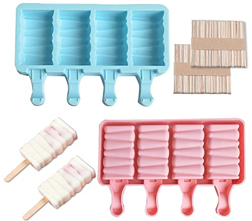 Stampo per gelato, stampo per torte in silicone, stampo per torta pop, set di 2 stampi per ghiaccioli in silicone, senza BPA, 4 cavità con 50 bastoncini di legno