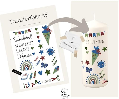 DIN A5 Kerzenfolie/Kerzentattoo zur Einschulung zum Schulstart Schulbeginn für Junge und Mädchen | zum selber machen - Kerzensticker DIY (4002 - grün/blau)