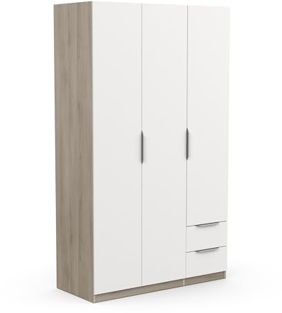Demeyere 391382 Armadio Guardaroba Moderno con 3 Ante e 2 Cassetti 4 Nicchie, Colore Rovere Kronberg e Bianco Opaco, 119.4 x 51.1 x 203 cm, Legno Ingegnerizzato, Grigio