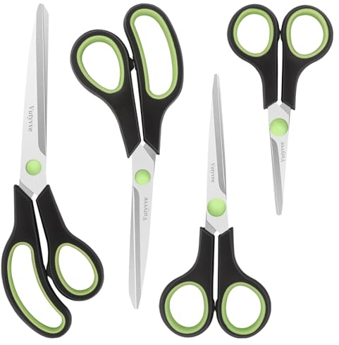 Vutyvve Scissors, Stainless Steel Blades, Soft Semi-Rubber Grips, 4-Piece Scissors Set for Everyday Use at Home, Office, School, 5.1 Inch, 6.1 Inch, 8.5 Inch, 9.9 Inch, Black/Green