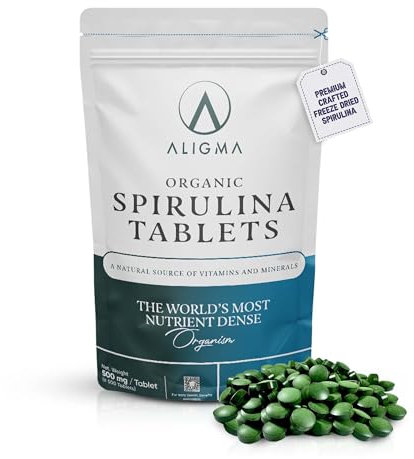 Aligma Bio Spirulina Tabletten 500×500mg zur Stärkung des Immunsystems Super Green Tabletten voller Nährstoffe & Vitamine, glutenfrei, Kalzium, veganes Protein Tabletten, wiederverschließbare Packung
