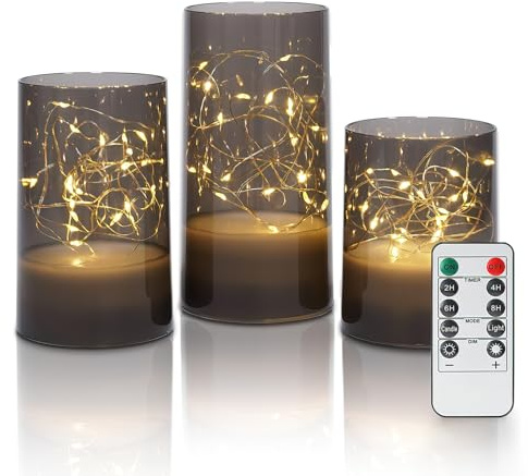 Fanna 3 Grigio Mini Ghirlanda LED incorporate in Candele a Batteria con Timer per Natale, Lanterne Led in Plastica con Telecomando Uso Interno - H 10/12,5/15cm