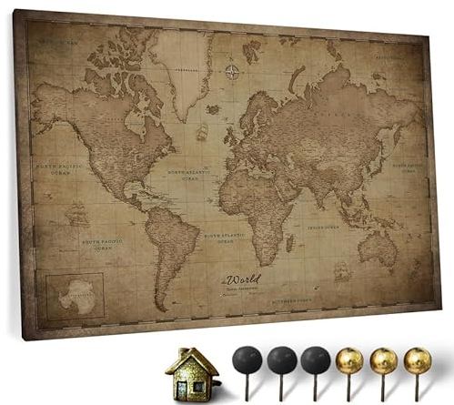 Hochwertige Canvas Weltkarte mit Kork-Pinnwand - Deutsche Beschriftung - Dekorative Wanddeko für alle Zimmer - Leinwandbilder mit Weltkarte Motiv (90x60 cm, Muster 11 Deutsch)