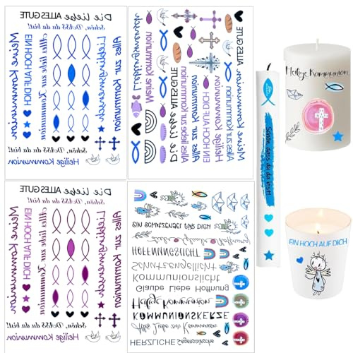 RHHGOPM 4 Stück Kerzenfolie Kommunion,Wasserschiebefolie Kerzensticker Kerzenfolie,Kerzentattoos Taufe Kommunion,kerzenaufkleber sticker für Kerze Tasse DIY Kerzen Tattoo Taufe Deko. (KOM243602)