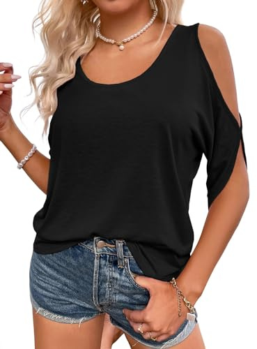 Fisoew - Maglietta da donna con scollo rotondo, con spalle scoperte, maglietta estiva a maniche corte, casual., Nero , XL