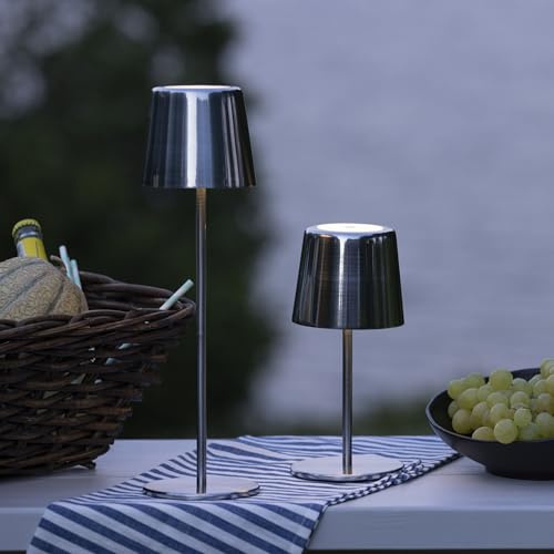 Lightbox LED Tischlampe für Innen & Außen | 37 cm / 23 cm Höhe, Ø 10 cm | silberfarbene Outdoor Tischleuchte mit CCT (3000-6500 K) | 300 lm | mobil/kabellos/portable | per USB aufladbar/Akku