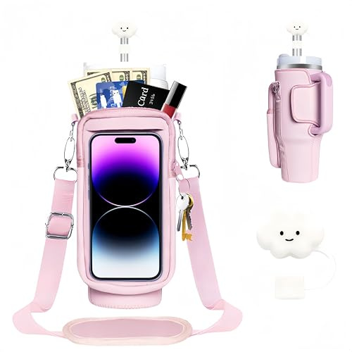 Alluring Flaschenhalter mit Tasche für Stanlley Cup 40oz, Rosa Transparent Wasserflaschen-Tragetasche mit Verstellbar Schultergurt und Front Reißverschluss, mit 1 Wiederverwendbarer Strohhalm Deckel