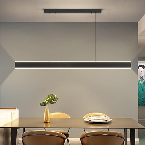 Mikeru LED Pendelleuchte esszimmer, 48W Pendelleuchte esstisch schwarz, Lineare Hängelampe küche Dimmbar mit Fernbedienung, 10%-100% Einstellung der Farbtemperatur, Esszimmerlampe, Lang 150cm