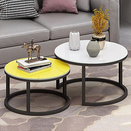Runder Satz-Couchtisch, Satztisch aus gehärtetem Glas, 2er-Set, moderner Beistelltisch mit Akzent, Sofatisch für kleine Räume, einfache Montage mit Metallbeinen, für den Balkon im ,White+yellow a-C