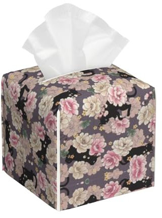 Quadratische Taschentuchbox mit Katzen-Blumenverzierung, PU-Leder, Taschentuchhalter, Gesichtspapierabdeckung, wasserdichter Toilettenpapierhalter für Badezimmer, Schlafzimmer