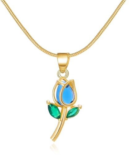 IMINI Elegant Tulip Flower Small Pendant Necklace for Women Girls Dainty Green Crystal Leaves Charm Dangling Choker Adjustable Link Chain Delicate Floral Jewelry for Party Wedding (Blue)