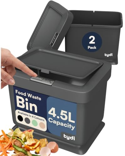 Tydi 4.5L Food Waste Bin 2 Pack, Press-Button Lid, Dark Grey | Kitchen Compost Caddy · Anti-slip Base · Secure Closure · Sits in A Cupboard or on The Countertop