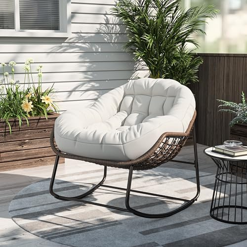 Xnferty Mecedora con Cojín, mecedora para patio 90x105x80cm, Cómoda Sala de estar Mecedora con Tapizado, Silla de relajación con Soporte, Exterior Sillón Relax, Jardín, Dormitorio de cuchillo (Blanco)