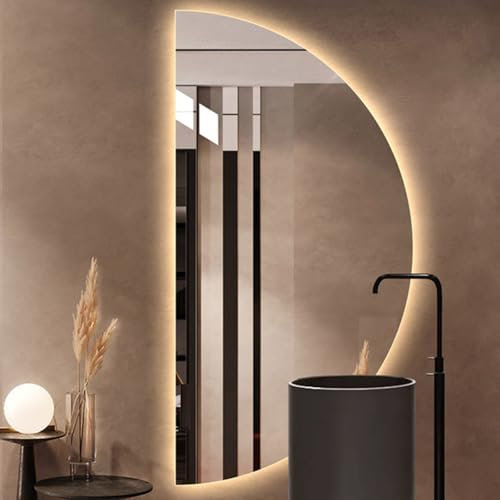Specchio Da Parete Senza Cornice A Mezzaluna 80*40cm Per Ingresso, Specchio Da Bagno Intelligente, Specchio LED Dimmerabile A 3 Colori, Specchio Da Toeletta Retroilluminato Infrangibile(Left Cut)
