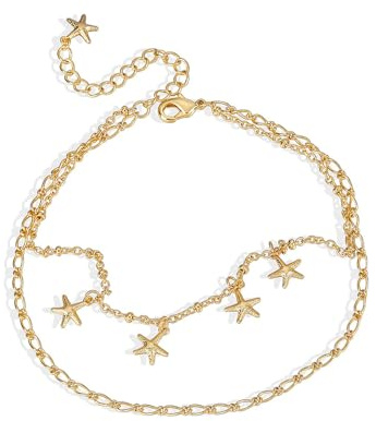 PHNIBIRD Fußkettchen Gold 18k Vergoldet Böhmisch Sommer Strandurlaub Seestern Fußkettchen für Damen extra lang 26 cm