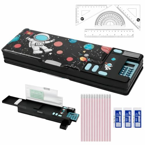 Candcamp 20Pcs School Supplies Stationery Set with Pop Up Multifunction Pencil Case, 4B Erasers, Rulers Set, HB Pencils, Essentials Stationary Set for Students Back to School Supplies, Black