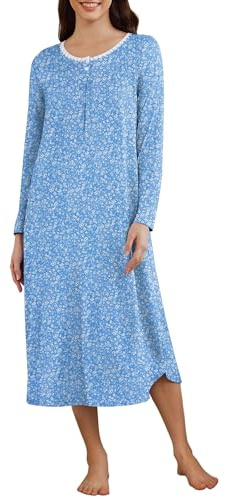Ekouaer Nightgowns for Women Long Sleeve Soft House Dress Ladies Night Gowns House Coat Dress with Pockets Blue Flower L