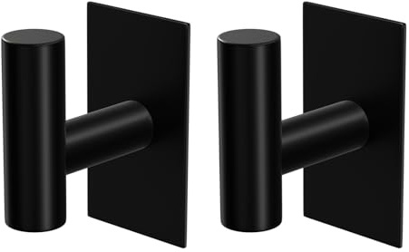 WUIVIUT Self Adhesive Hooks, Towel Hanging for Wall, Stick on Without Drilling Hooks for Door, Heavy Duty Wall Mounted for Hold, Coat Robe Clothes Bags (Black, 2 Pack)