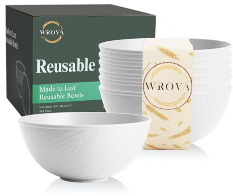 Wrova Reusable Bowls Set of 6-40 oz Large Capacity Plastic Bowl, Serving Bowls for Salad, Cereal, Soup, Unbreakable Bowl Suitable for Kitchen, Microwave and Dishwasher Safe Bowls - White