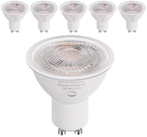 SETEN GU10 LED Light Bulbs 6W Dimmable, 50W Halogen Equivalent, 580 Lumens, 2700K Warm White, Standard GU10 Base for Track Lighting & Recessed Cans 6-Pack