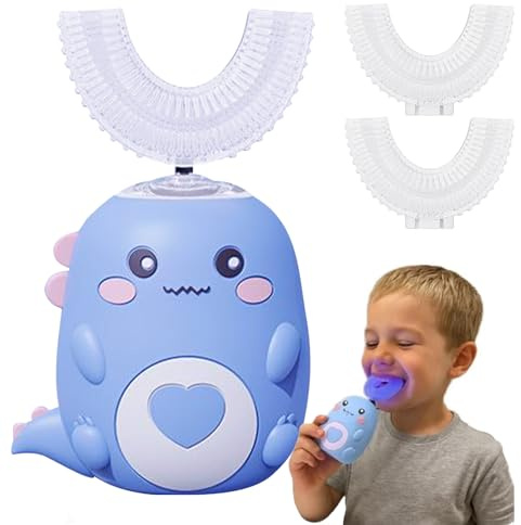 Spazzolino da denti elettrico a 360º per bambini, spazzolino da denti elettrico con 2 testine in silicone a forma di U, ricaricabile e impermeabile, per casa, viaggi, uso (blu 2-6 anni)