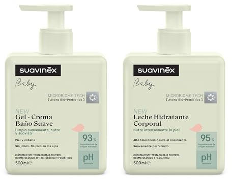 Suavinex, Baby-Set mit mildem Shampoo für Haut und Haar, ohne Seife + Feuchtigkeitscreme, geeignet für empfindliche und neugeborene Haut, 93-95% Inhaltsstoffe natürlichen Ursprung, getestet, 2 x 500