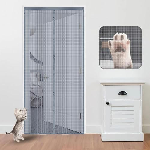 Mosquitera magnética para puertas y malla fina de 160 x 190 cm, cierre automático, sin taladro, cinta adhesiva ct y barrera contra moscas, color gris, fácil instalación