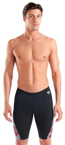 ARENA Performance Men's Geometry Swim Jammer MaxLife Athletic Practice Knee-Length Swimsuit Short Competitive Training Bathing Suit, Multi Black/Black, US Size 40