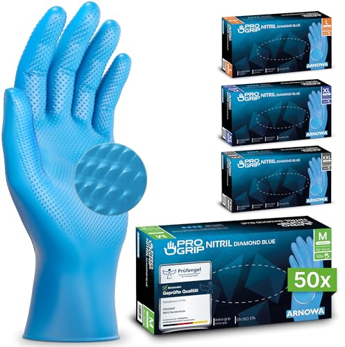 50x PROGRIP Einweghandschuhe Diamant Grip Blau, Nitrilhandschuhe M | Einmalhandschuhe Extra Stark, Handschuhe Einweg griffig, latexfreie Arbeitshandschuhe für Werkstatt & Montage M, L, XL, XXL