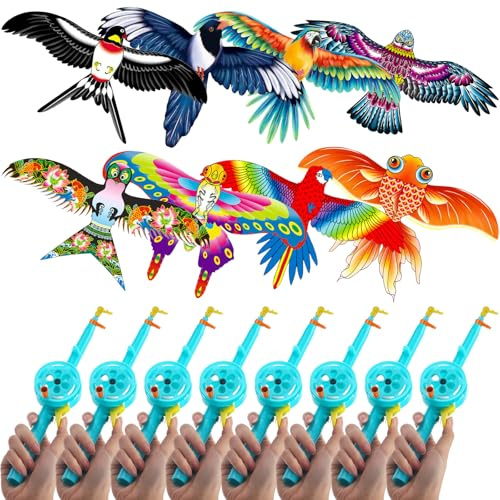 Simgoing 8 Pcs Mini Fishing Rod Kite for Kids Ages 4-8 8-12, Butterfly Swallow Parrot, Easy to Fly, Goldfish Eagle Kites for Adults Family in Spring Outdoor Beach Team Building, 13.78 (Cute Style)