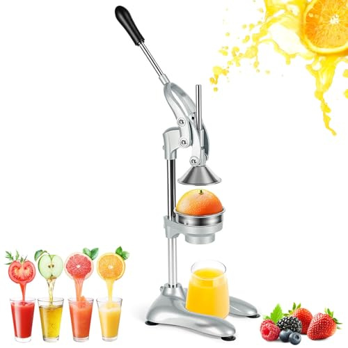 ISOISL Saftpresse manuell,Zitruspresse für Orangen,Zitronen und Granatäpfel | 2 Pressköpfe für Orangen,Zitronen,Limetten und Granatäpfel,45 cm hoch,mit Hebel,Saugnapf,Trichter und Sieb aus 304 Edelstahl