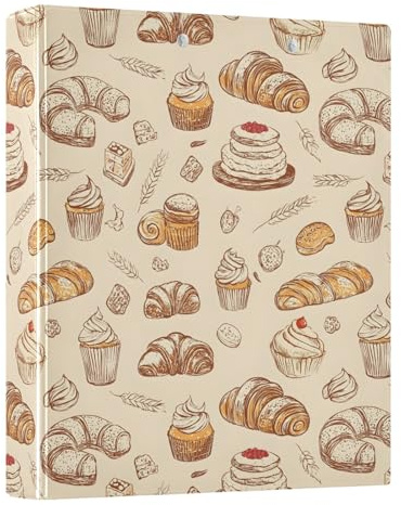 Raccoglitore a 3 anelli disegnati a mano con motivo torta di pane da 3,8 cm, raccoglitore ad anelli rotondo, contiene 200 documenti, per casa, scuola, ufficio